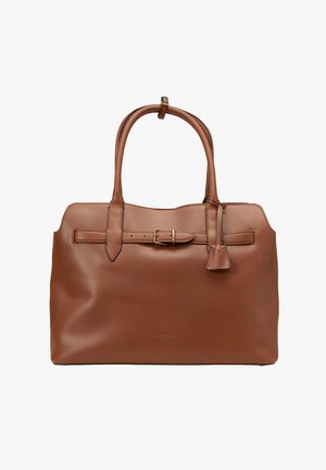 Brown leather tote bag with dual top handles, buckle accent, smooth texture, and a minimalist design. Features a logo near the base.