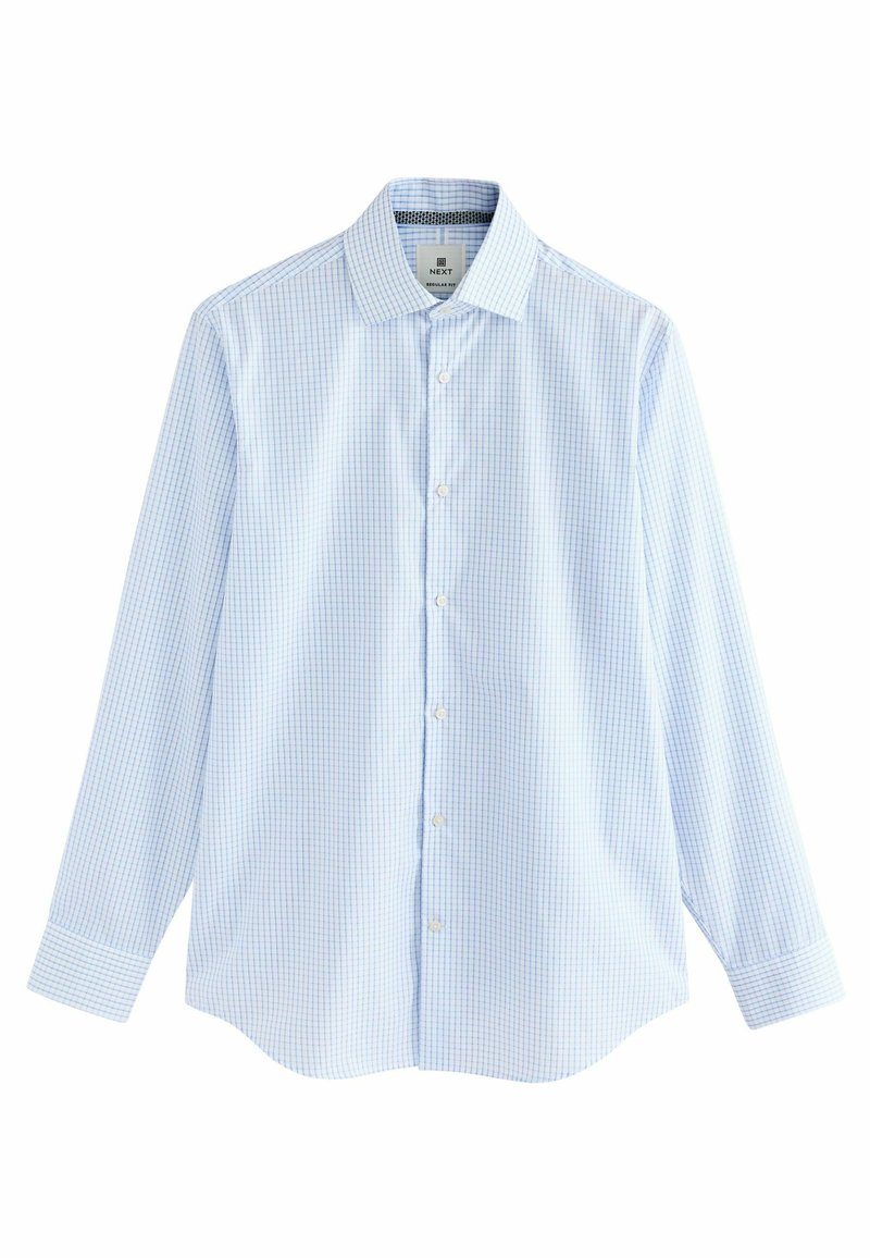 Blau kariertes Langarmhemd mit Button-Down-Kragen, aus leichtem Stoff gefertigt, mit weißen Knöpfen und abgerundetem Saum.