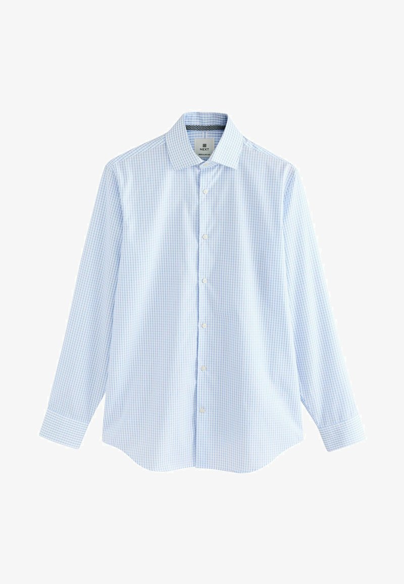 Chemise à manches longues à carreaux bleus avec un col boutonné, fabriquée en tissu léger, dotée de boutons blancs et d'un ourlet arrondi.