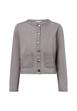 Gray cropped jacket made of cotton with long sleeves, round neckline, front button closure, and two chest pockets. Metal buttons featured.