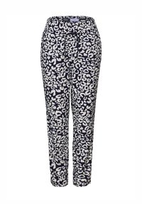 Pantaloni blu navy con una stampa a macchie di leopardo bianca, vita elasticizzata, chiusura con cordino e design a gamba affusolata. Tessuto morbido.