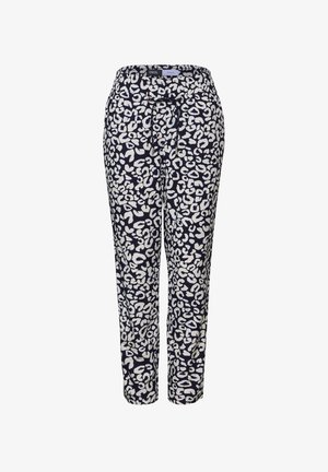 Námořnické modré kalhoty s bílým leopardím potiskem, elastickým pasem, stahovací šňůrkou a zúženým střihem. Měkká tkanina.