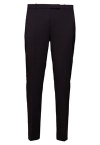 Černé kalhoty na míru se slim fit střihem. Vyrobeny z hladkého materiálu, mají poutka na opasek a přední kapsy. Žádné viditelné vzory ani doplňky.