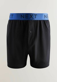 Fekete boxer alsónadrág kék gumis derékkal, amelyen a "NEXT" logo található. Simább anyag elülső gombos zárással és varrt szegéllyel.