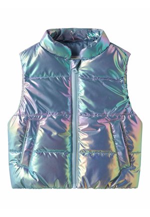 Błyszcząca, opalizująca kamizelka puchowa bez rękawów, z przednim zamkiem błyskawicznym, stójką i dwoma skośnymi bocznymi kieszeniami.