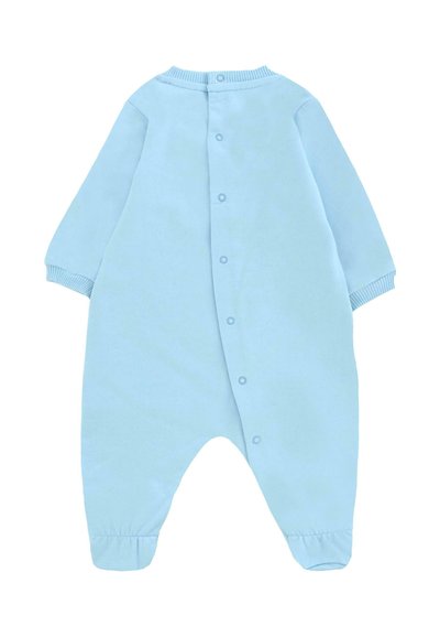 Body azzurro chiaro a maniche lunghe con texture liscia, polsini a coste e chiusure a scatto sul retro. Collo rotondo e aperture per le caviglie elasticizzate.