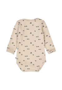 Beige long-sleeve baby bodysuit with a pattern of small cars and characters in gray and black. Soft fabric and a round neckline.