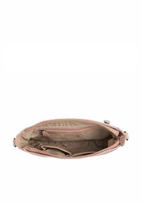 Borsa in pelle rosa con apertura superiore, dotata di un interno in tessuto beige, molti scomparti e una tasca con zip su un lato.