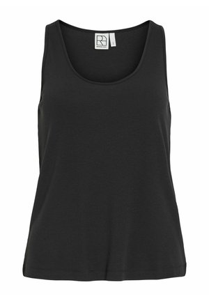 Sort ribbet tanktop med en rund halsudskæring. Fremstillet af strækbart stof, har en afslappet pasform og et vævet mærke på den indre halsudskæring.