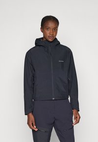 Black waterproof jacket with a hood, front zip closure, and side pockets. Features a fitted design and a logo on the chest.