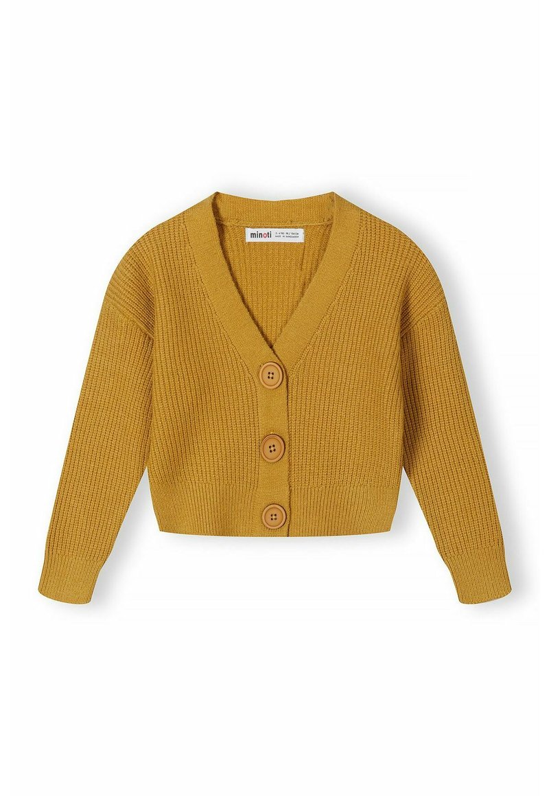 Cardigan tricoté jaune moutarde avec un col en V, texture côtelée, trois boutons en bois et manches longues. Longueur cropped avec une taille ajustée.
