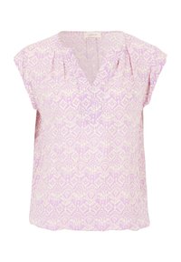 Kortærmet bluse, lys lilla med cremede geometriske mønstre, V-halsudskæring, blødt stof, plisseret design, afslappet pasform.
