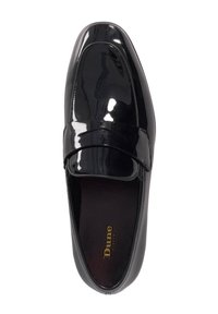 Black patent leather loafer featuring a rounded toe and a decorative strap. Smooth texture with a glossy finish, accented by a gold interior logo.