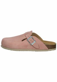 Pink suede clog with a perforated design, adjustable silver buckle, cork footbed, and rubber outsole. Features a low profile and open back.
