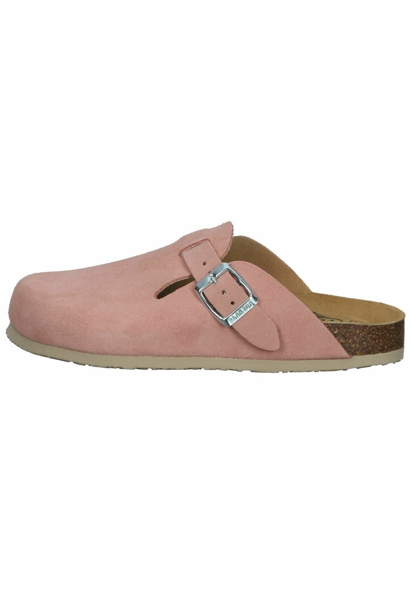 Pink suede clog with a perforated design, adjustable silver buckle, cork footbed, and rubber outsole. Features a low profile and open back.