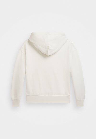 Sweatshirt com capuz em creme claro, feito de tecido suave. Apresenta um corte relaxado, punhos e bainha canelados, com um design simples e limpo.