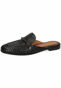 Scarpa slip-on in pelle intrecciata nera con punta arrotondata, caratterizzata da un dettaglio decorativo a catena sulla tomaia e una suola piatta.