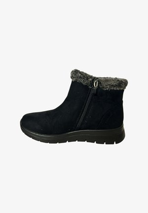 Black ankle boots with a soft gray fur trim, dual side zippers, and a textured suede finish; sturdy black rubber outsole.