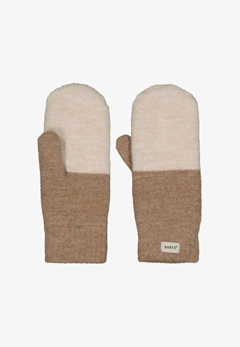 Gestrickte Handschuhe mit einem Design aus beigem und hellem cremfarbenem Farbblock; aus weicher, strukturierter Wolle gefertigt, mit einem etikettierten Akzent am Bündchen.