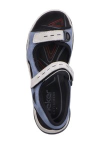 Sandale bleu et grise avec des sangles Velcro réglables, dotée d'une semelle rembourrée et d'un design découpé pour la respirabilité. Technologie anti-stress incluse.