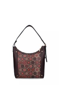 Borsa hobo con una parte frontale in tessuto pattern con design geometrici in rosso e marrone, abbinata a lati e dettagli in pelle nera liscia.