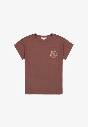 Camiseta de algodón marrón con mangas cortas, cuello redondo y texto impreso en blanco en el pecho. Corte recto con un ajuste holgado.