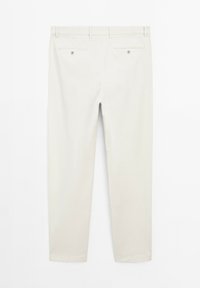 Light beige trousers made of smooth fabric, featuring two back pockets with button closures and a straight-leg cut.
