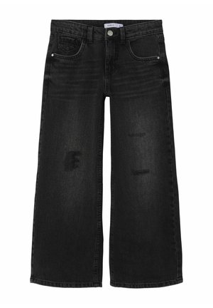Czarne dżinsy o szerokich nogawkach z lekkimi przetarciami na obu nogach, zapinane na guziki z przodu, z designem pięciu kieszeni.