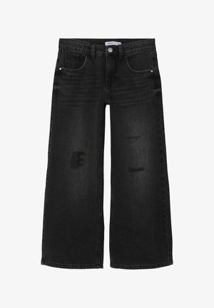 Jeans negros de pierna ancha con leves parches desgastados en ambas piernas, cierre frontal con botón y diseño de cinco bolsillos.