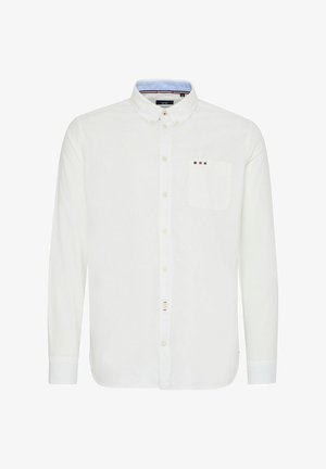 White long-sleeve shirt with button-down collar. Features a chest pocket and colored stripe accents near the pocket and placket. Smooth texture.