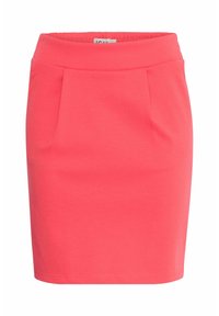 Koralowa mini spódnica wykonana z elastycznego materiału, z wysokim pasem i plisami z przodu. Gładka faktura i dopasowany krój.