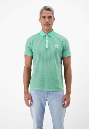 Man met grijs haar, gekleed in een lichtgroen gestreept poloshirt en lichtblauwe spijkerbroek, staand tegen een witte achtergrond.