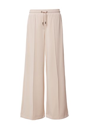 Lichtbeige wijde broek gemaakt van zacht materiaal met een trekkoord in de taille, voorzien van twee voorplooien en een gladde textuur.