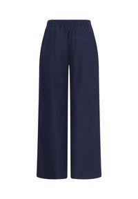 Pantalon bleu marine à jambes larges avec une taille élastique et une poche arrière unique, présenté sur fond blanc.