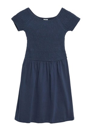 Robe bleu marine avec manches courtes, corsage ajusté smocké et jupe froncée tombant au-dessus des genoux.