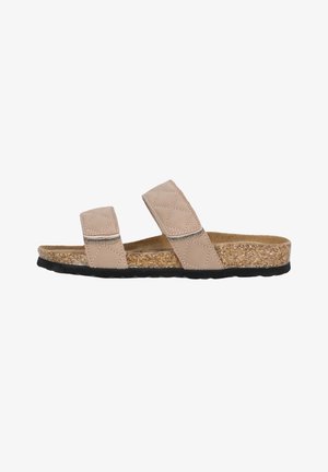 Korkfußbett-Sandalen in hellbeige mit zwei verstellbaren, gepolsterten Riemen und einer strukturierten schwarzen Gummisohle.