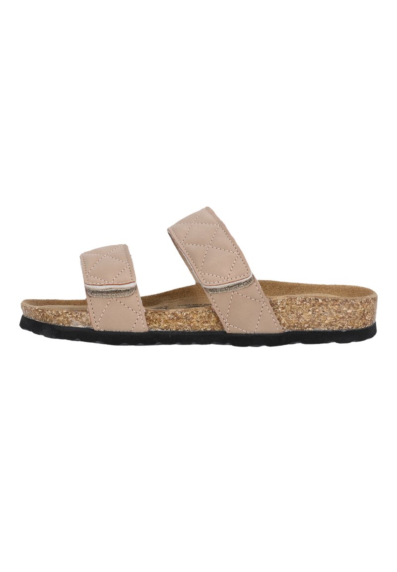 Korkfotbäddsandaler i ljusbeige med två justerbara kviltade remmar och en texturerad svart gummisula.