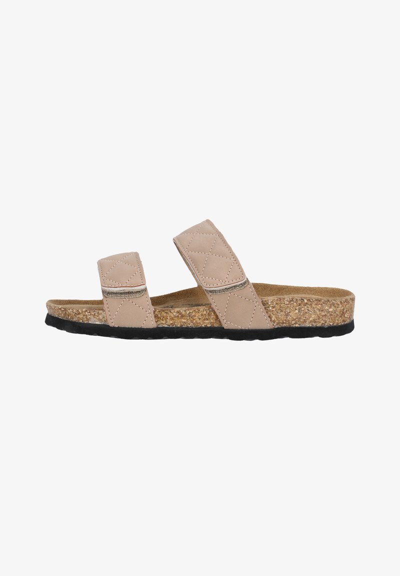 Sandal med korksål i lys beige med to justerbare quiltede stropper og en struktureret sort gummisål.