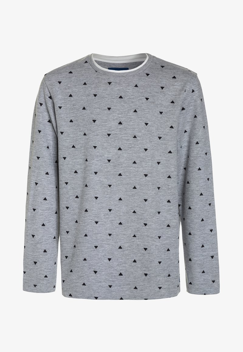 Hellgraues Langarmshirt mit verstreutem kleinen schwarzen Dreiecksmuster und weißem Saum um den runden Halsausschnitt.