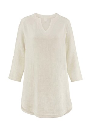 Weiße Tunika mit 3/4-Ärmeln aus strukturiertem, gerafftem Stoff, mit V-Ausschnitt und abgerundetem Saum für eine entspannte Passform.