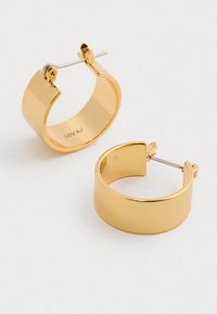 Zlaté kruhové náušnice s hladkým, lešteným povrchom, vybavené pántovým uzáverom a zaobleným, mierne robustným dizajnom.