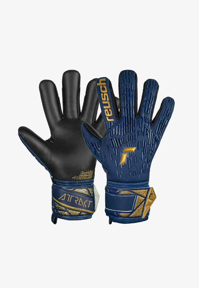 Blaue Torwarthandschuhe mit schwarzer Latexsäule, strukturiertem Handrücken, goldenen Akzenten und verstellbarem Handgelenkband mit Markenname und Logo.