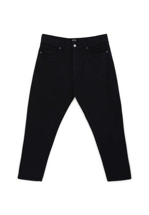 Pantaloni in denim neri con cinque tasche, chiusura a bottoni e cerniera, design a gamba dritta e orlo pulito. Il tessuto presenta una leggera texture.