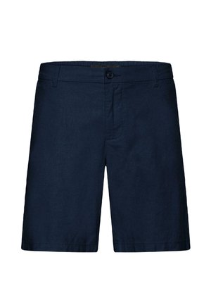 Shorts pour hommes bleu marine avec fermeture à bouton, passants pour ceinture, poches avant et coupe droite.