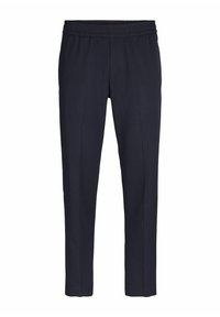Pantalons bleu marine à rayures, fabriqués en tissu doux, avec une taille élastique, des jambes fuselées et une texture lisse.