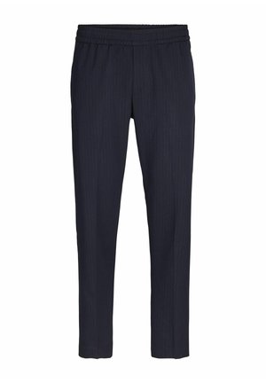 Marineblaue, gestreifte Hose aus weichem Stoff, mit einem elastischen Bund, schmal zulaufenden Beinen und einer glatten Oberfläche.