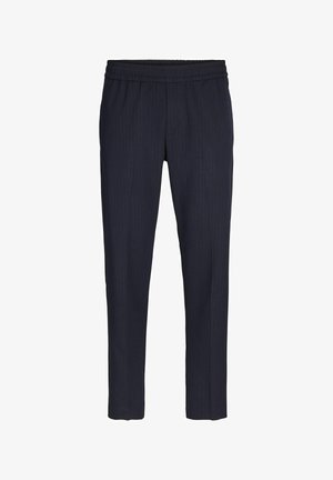 Marineblaue, gestreifte Hose aus weichem Stoff, mit einem elastischen Bund, schmal zulaufenden Beinen und einer glatten Oberfläche.