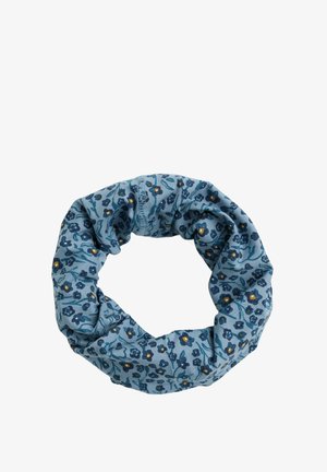 Fascia per capelli con stampa floreale realizzata in morbido tessuto blu. I motivi presentano fiori blu scuro con accenti gialli. Forma circolare con texture arricciata.