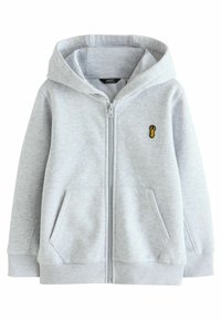 Pelēks kapucis ar rāvējslēdzēju, ar kangaroo kabatu, ribinātām aprocēm un kapuci; uz krūškurvja ir mazs dzeltena izšūta astoņkāja logotips.