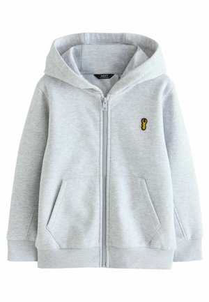 Pelēks kapucis ar rāvējslēdzēju, ar kangaroo kabatu, ribinātām aprocēm un kapuci; uz krūškurvja ir mazs dzeltena izšūta astoņkāja logotips.
